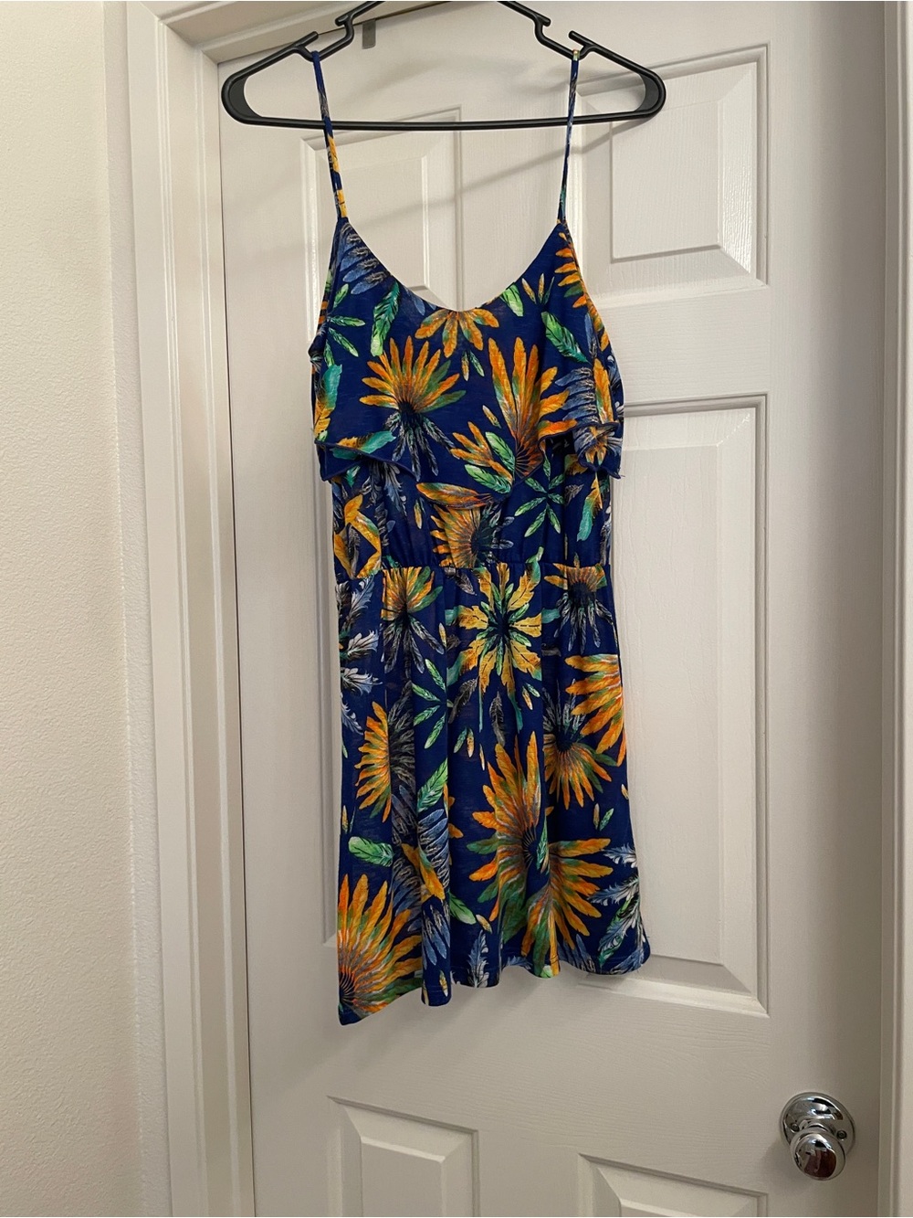 Blue Floral Sundress with Yellow Orange Flowers